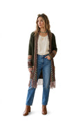 Olive Geometric Fringe Longline Cardigan