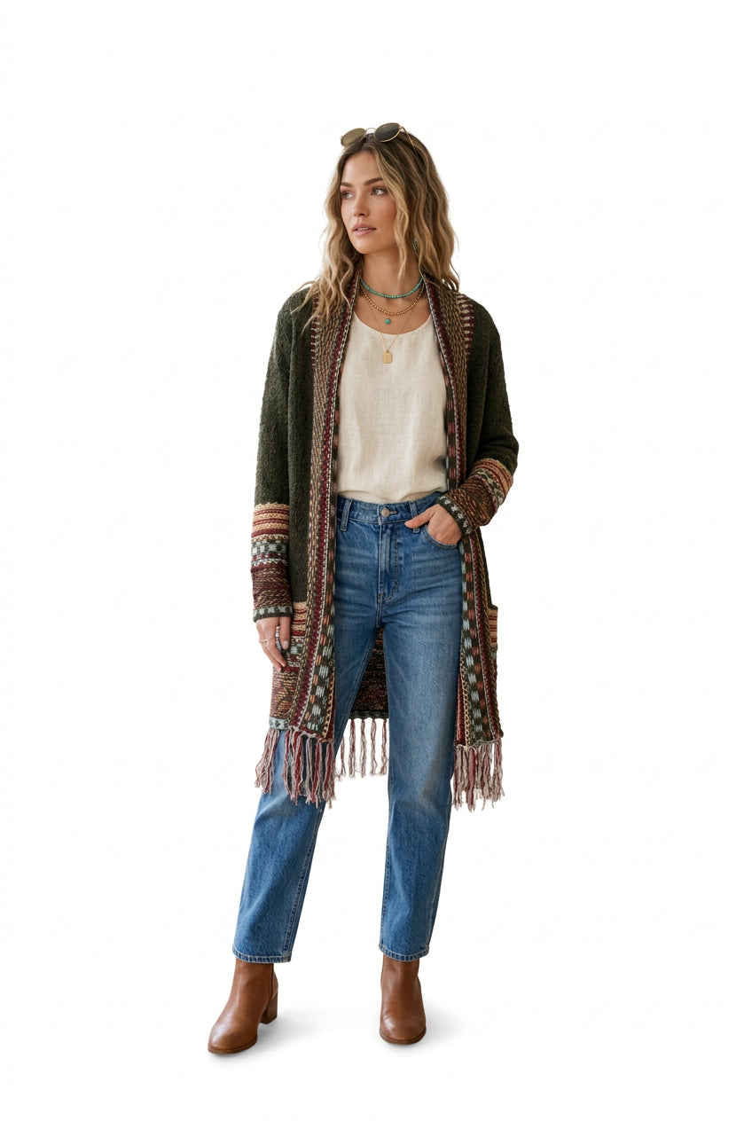 Olive Geometric Fringe Longline Cardigan